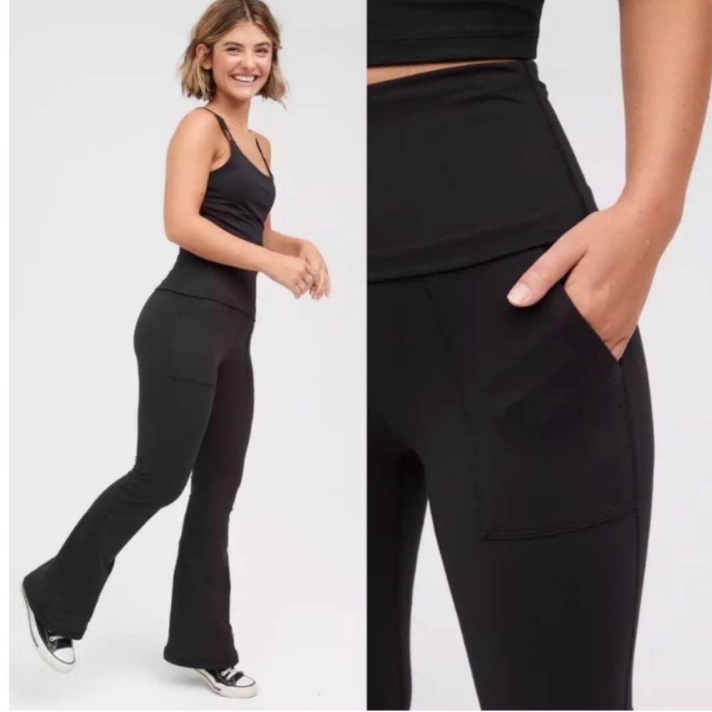 OFFLINE by Aerie The Hugger Foldover Flare High Rise Leggings Black XS Pockets